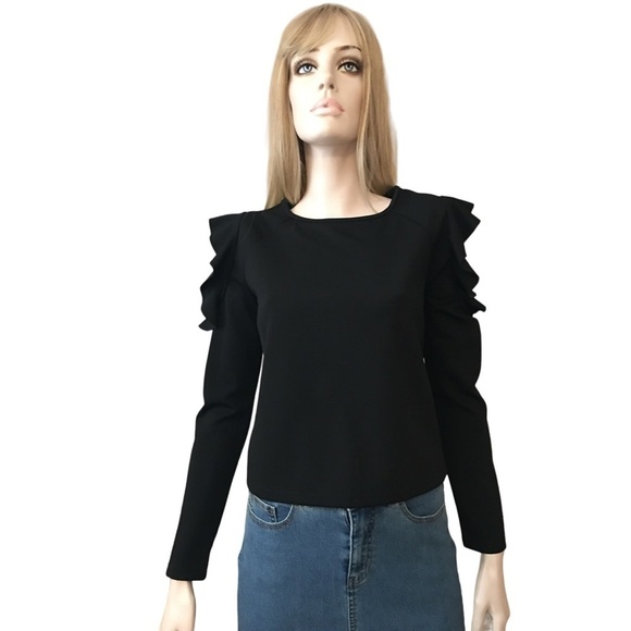 Dynamite Ruffled Cold Shoulder Black Top Blouse Textured Long Sleeve NWOT - Picture 9 of 13